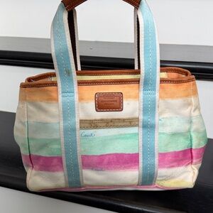 Coach Deal striped canvas leather trim handbag purse, zipper top tote, DEAL